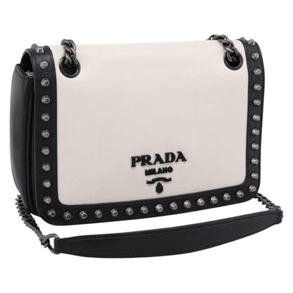 Prada Chain Flap Studded Glace Calf, White, Leather, Shoulder Bag