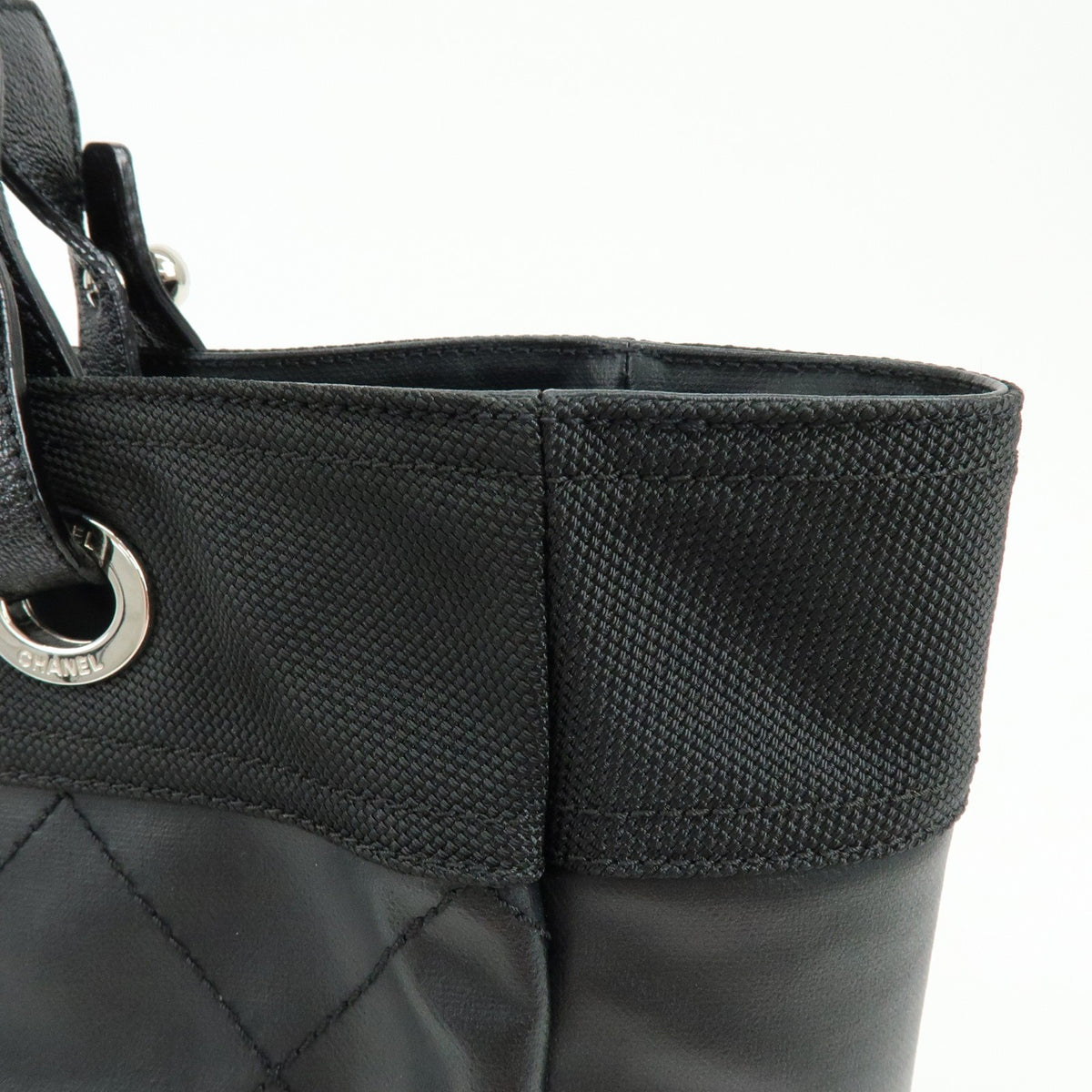 Chanel Biarritz Quilted Coated Canvas, Black, Leather, Tote Bag