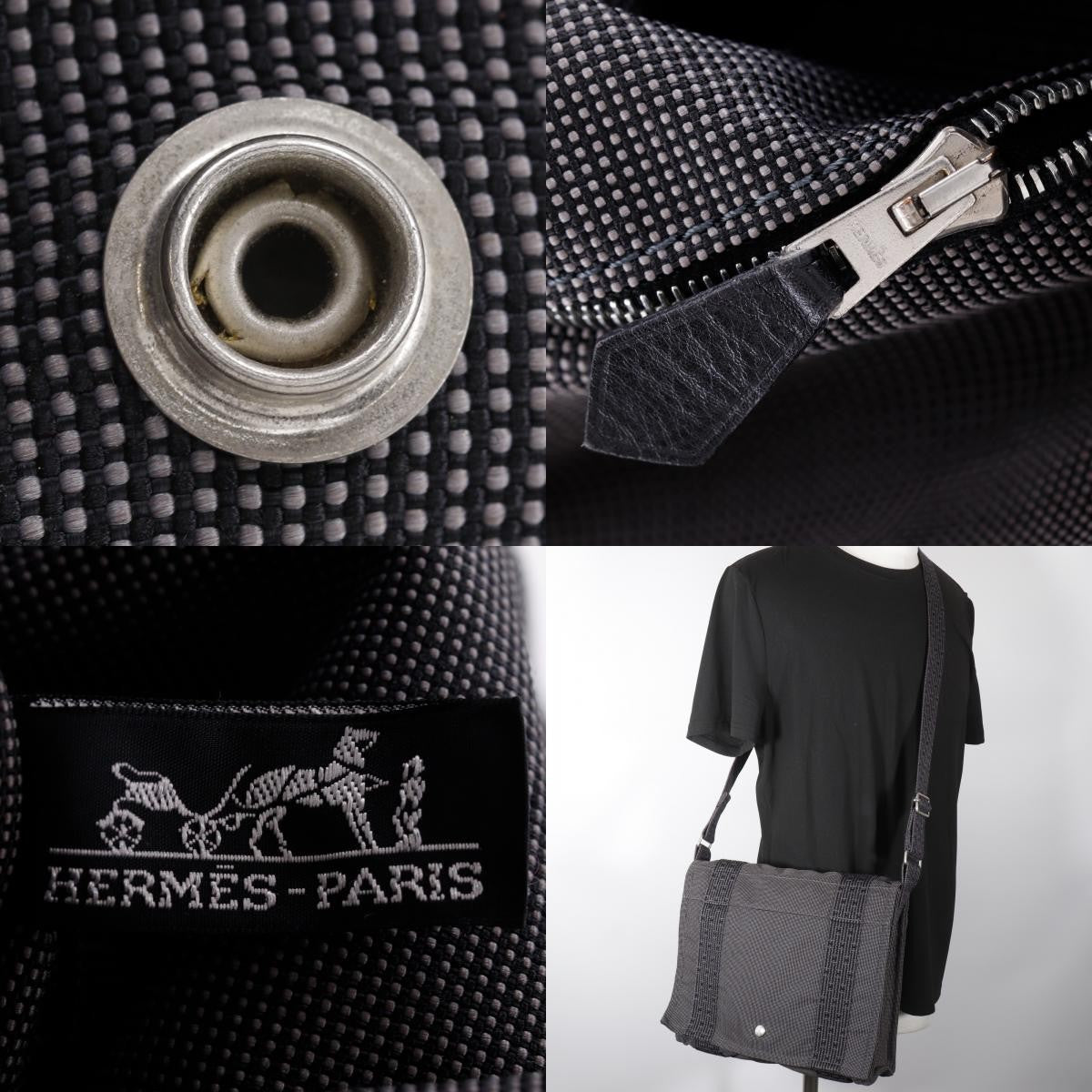 Hermes Fourre Tout Besace Messenger Toile, Gray, Canvas, Handbag