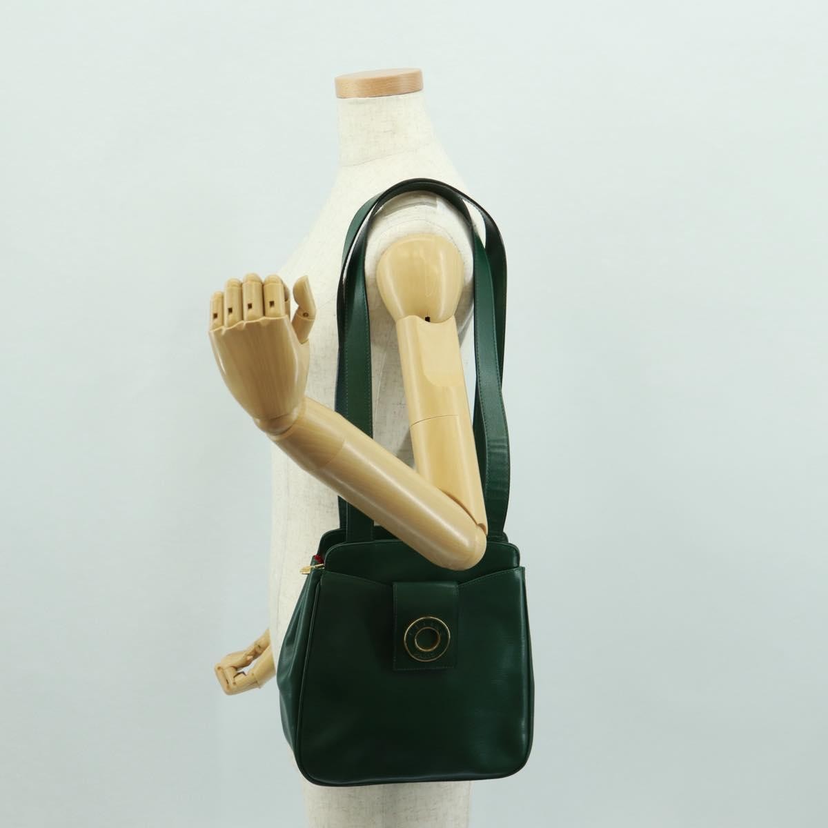 Celine Circle Logo Leather, Green, Leather, Shoulder Bag