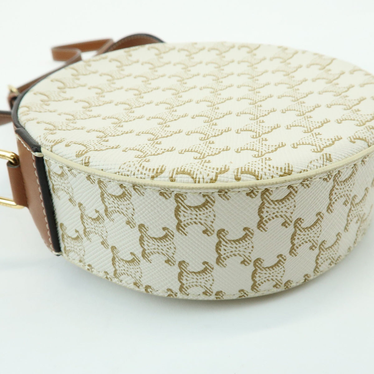 Celine Round Purse on Strap Triomphe Coated Canvas, Beige, Canvas, Crossbody Bag