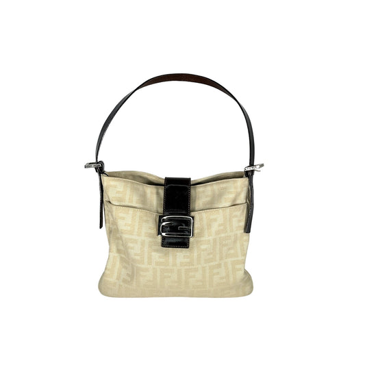 Fendi Zucca Canvas Shoulder Bag Beige Leather Trim