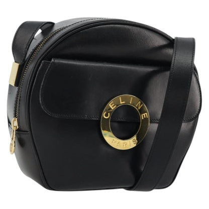 Celine Circle Logo Leather, Black, Leather, Shoulder Bag