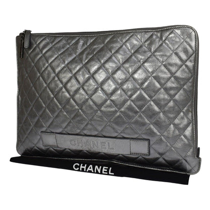 Chanel iPad Pouch Quilted Lambskin, BLACK, LEATHER, Clutche & pouche