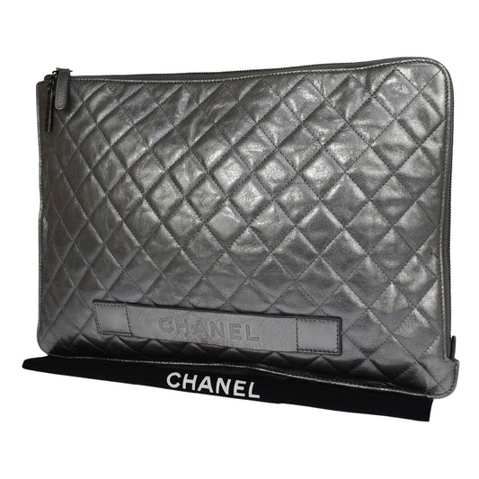 Chanel iPad Pouch Quilted Lambskin, BLACK, LEATHER, Clutche & pouche