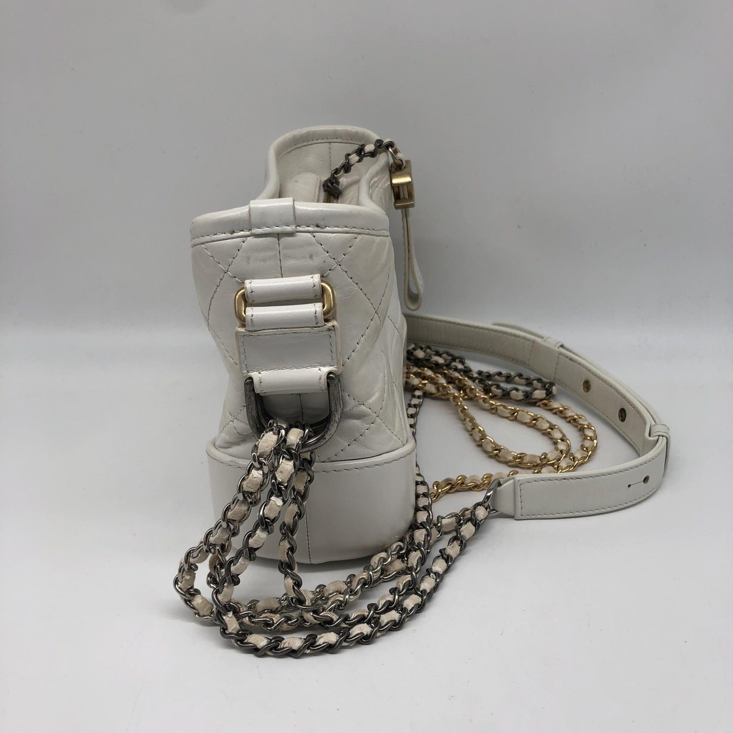 Chanel Gabrielle Hobo Quilted Aged Calfskin, White, Calfskin, Shoulder Bag