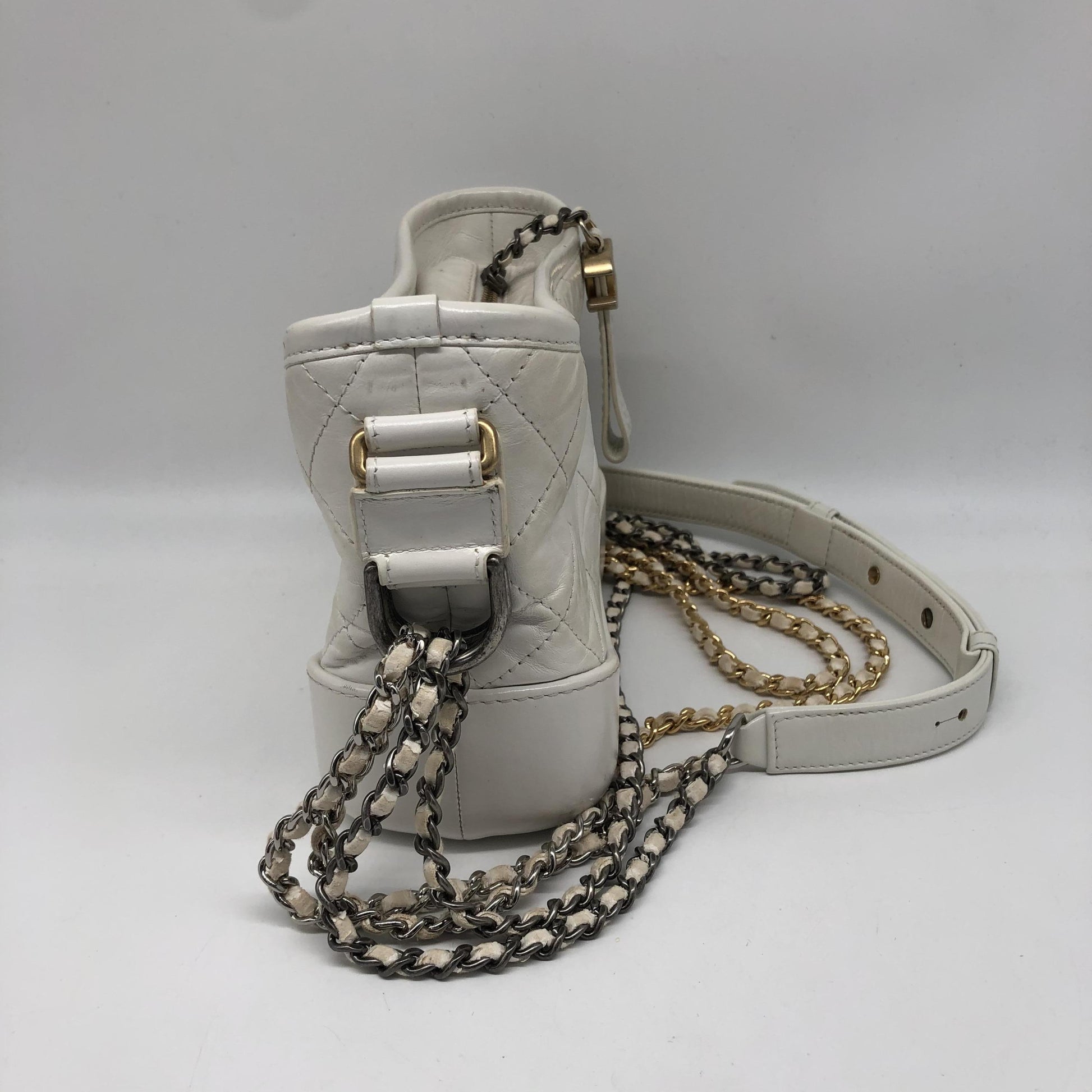 Chanel Gabrielle Hobo Quilted Aged Calfskin, White, Calfskin, Shoulder Bag
