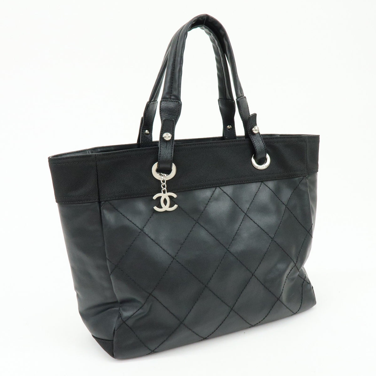 Chanel Biarritz Quilted Coated Canvas, Black, Leather, Tote Bag