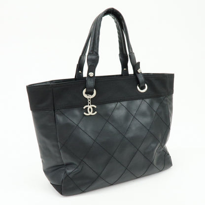 Chanel Biarritz Quilted Coated Canvas, Black, Leather, Tote Bag