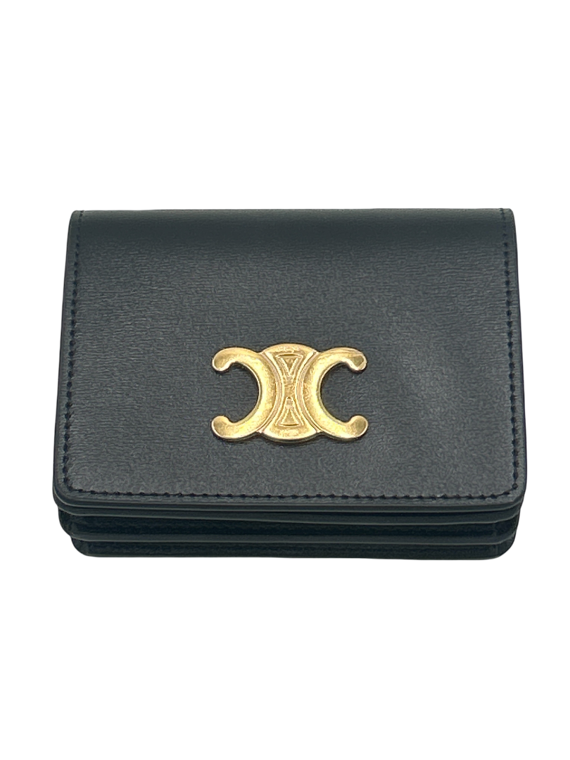 Celine Triomphe Trifold Wallet Leather, Black, Leather, Wallet