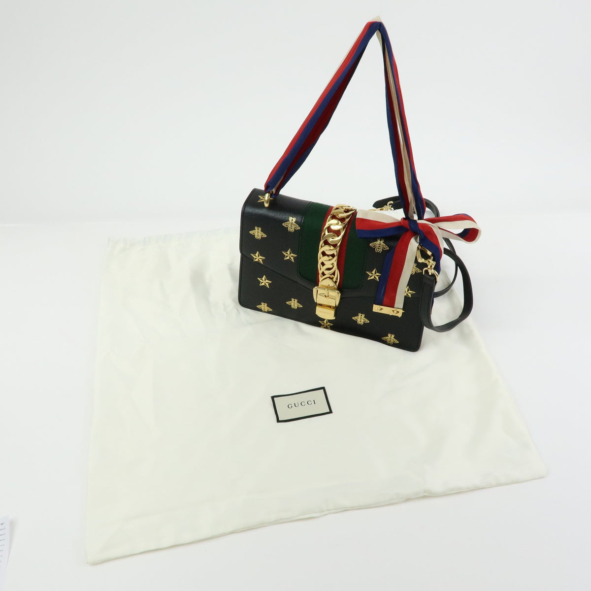 Gucci Sylvie Printed Leather, Black, Leather, Shoulder Bag