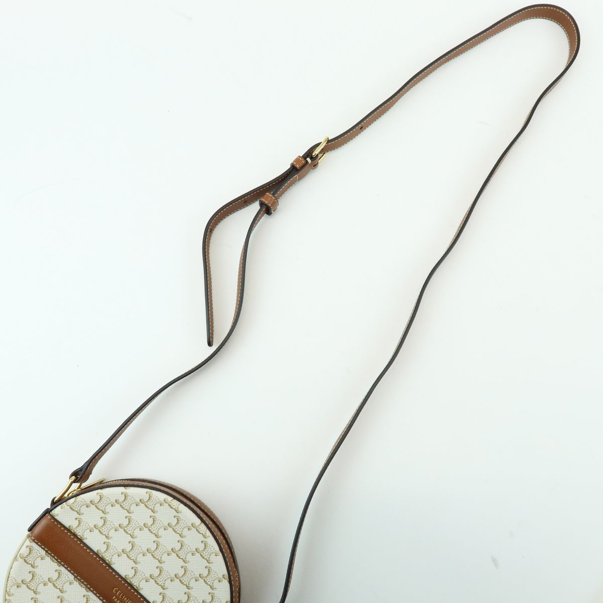 Celine Round Purse on Strap Triomphe Coated Canvas, Beige, Canvas, Crossbody Bag
