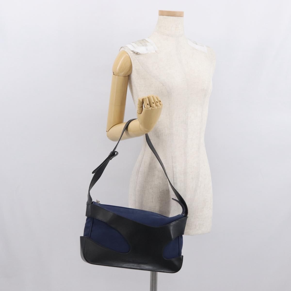 Salvatore Ferragamo Cut Out Leather and Canvas, Navy, Canvas, Shoulder Bag
