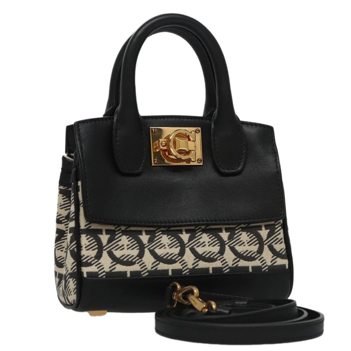 Salvatore Ferragamo Studio Satchel Gancini Jacquard and Leather, Black, Canvas, Handbag