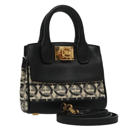 Salvatore Ferragamo Studio Satchel Gancini Jacquard and Leather, Black, Canvas, Handbag