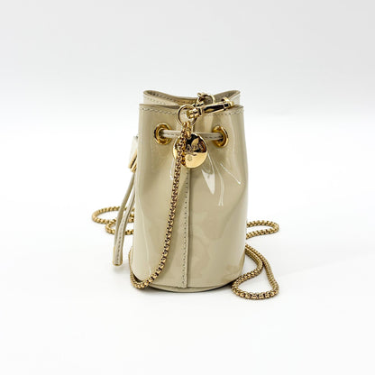 Prada Triangle Logo Drawstring Pouch Bucket Patent, Beige, Patent Leather, Clutch