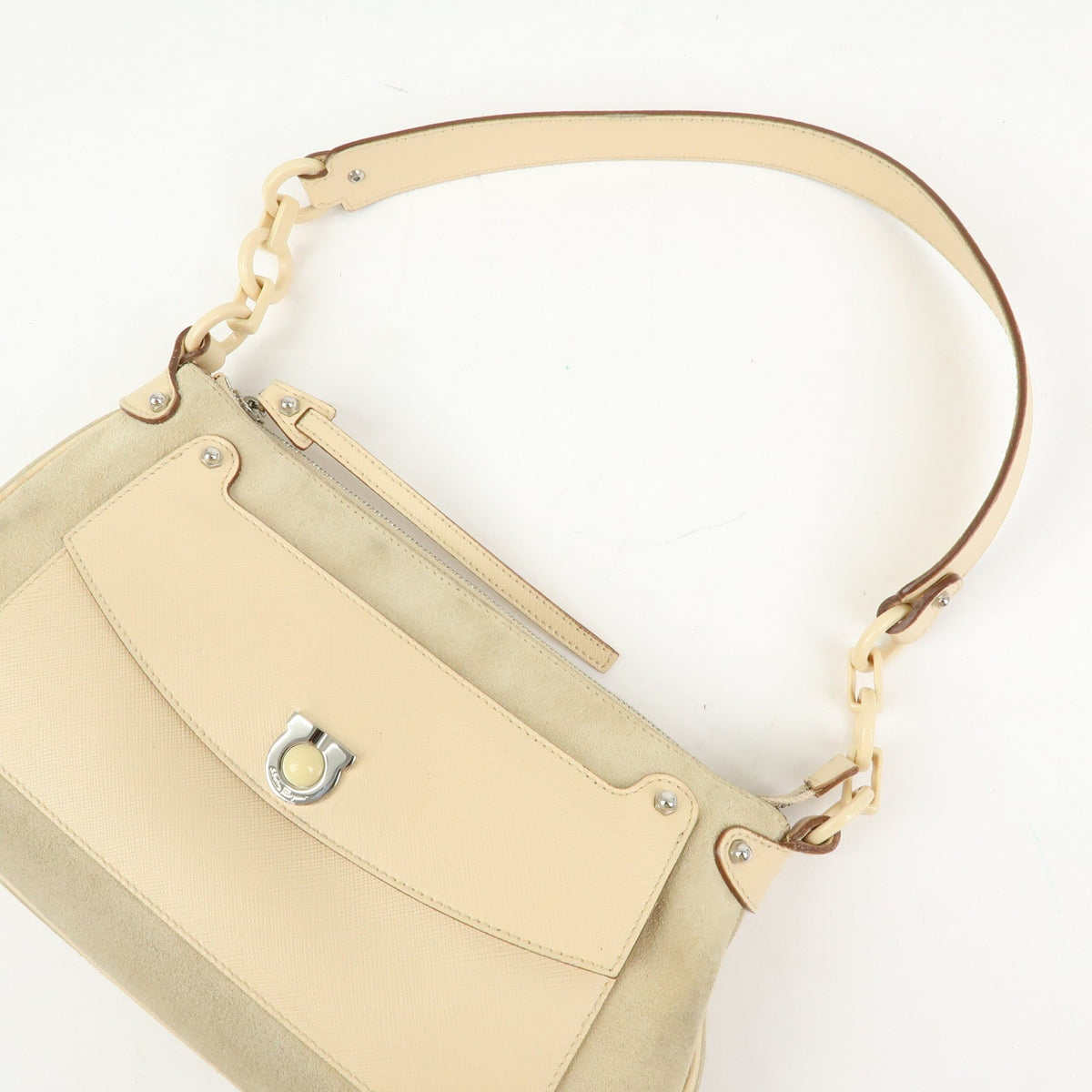 Salvatore Ferragamo Gancini Suede, Beige, Suede, Crossbody Bag