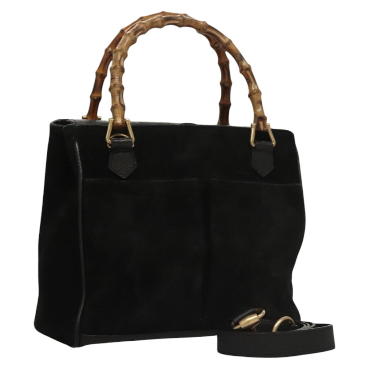 Gucci Vintage Bamboo Front Pocket Tote Suede, Black, Suede, Handbag