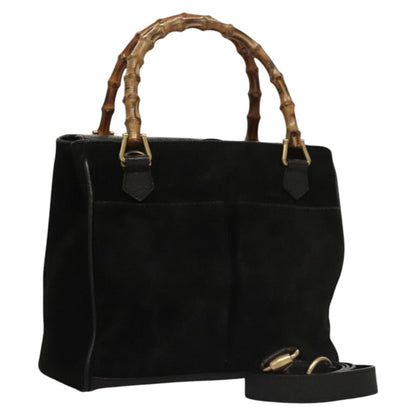 Gucci Vintage Bamboo Front Pocket Tote Suede, Black, Suede, Handbag