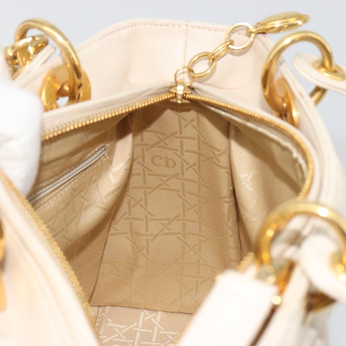Christian Dior Lady Dior Cannage Quilt Lambskin, White, Leather, Handbag