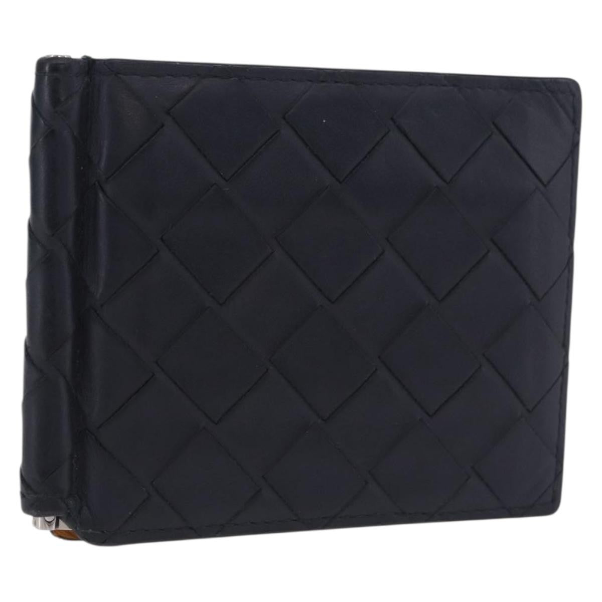 Bottega Veneta Bifold Card Holder Intercciato Leather, Navy, Leather, Card Holder