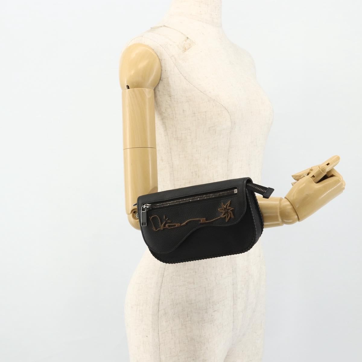 Christian Dior Saddle Pouch Belt Leather, Black, Leather, Clutch