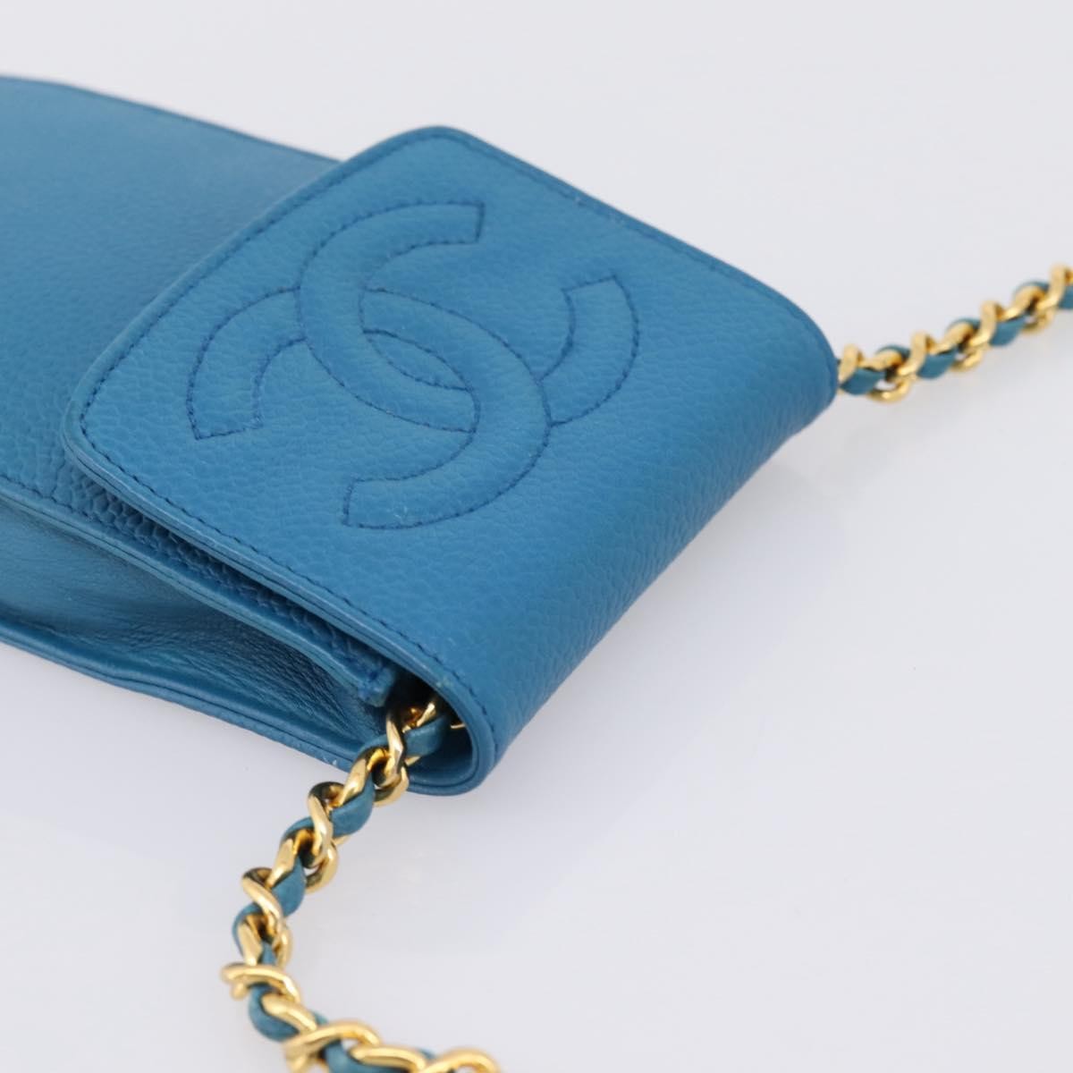 Chanel Vintage CC Phone Holder Caviar, Blue, Leather, Clutch
