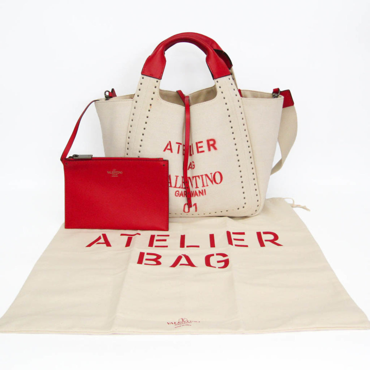 Valentino Garavani Atelier 01 Studded Canvas, Red, Canvas, Tote Bag