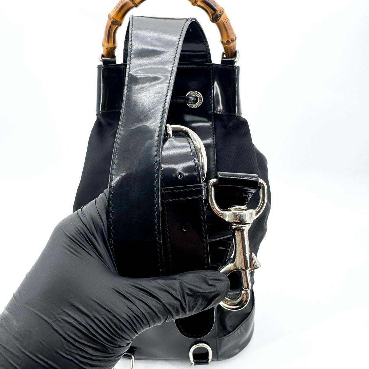 Gucci Vintage Bamboo Drawstring Suede and Leather, Black, Nylon, Backpack