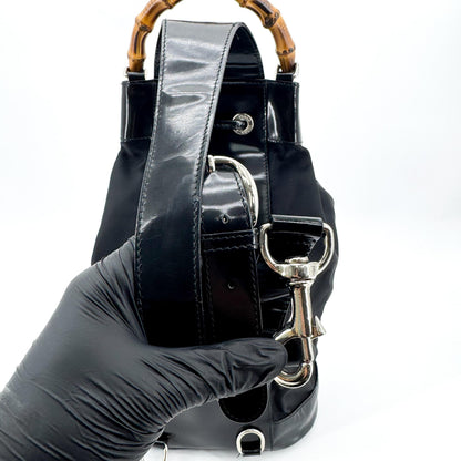 Gucci Vintage Bamboo Drawstring Suede and Leather, Black, Nylon, Backpack