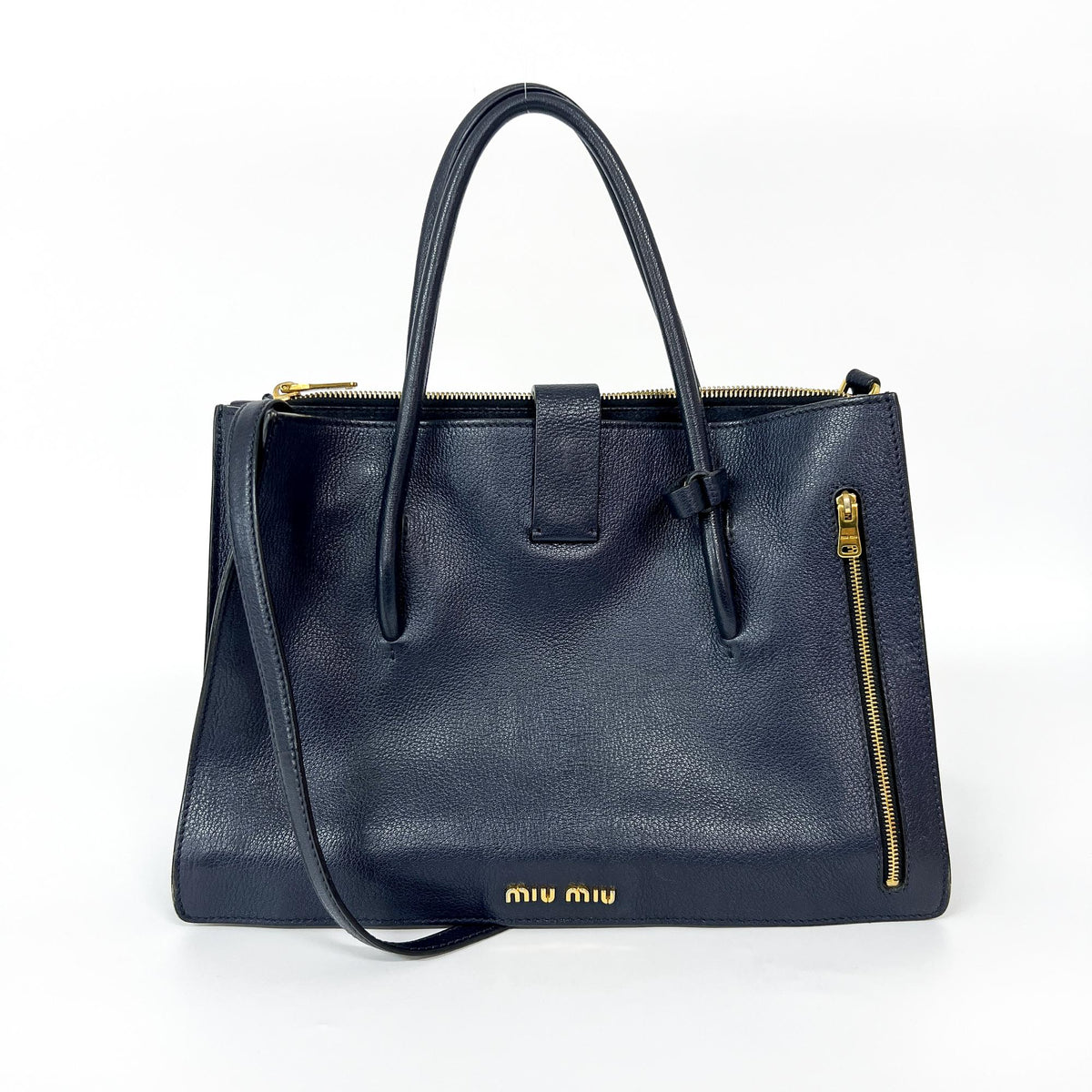 Miu Miu Madras Leather, Navy, Leather, Tote Bag