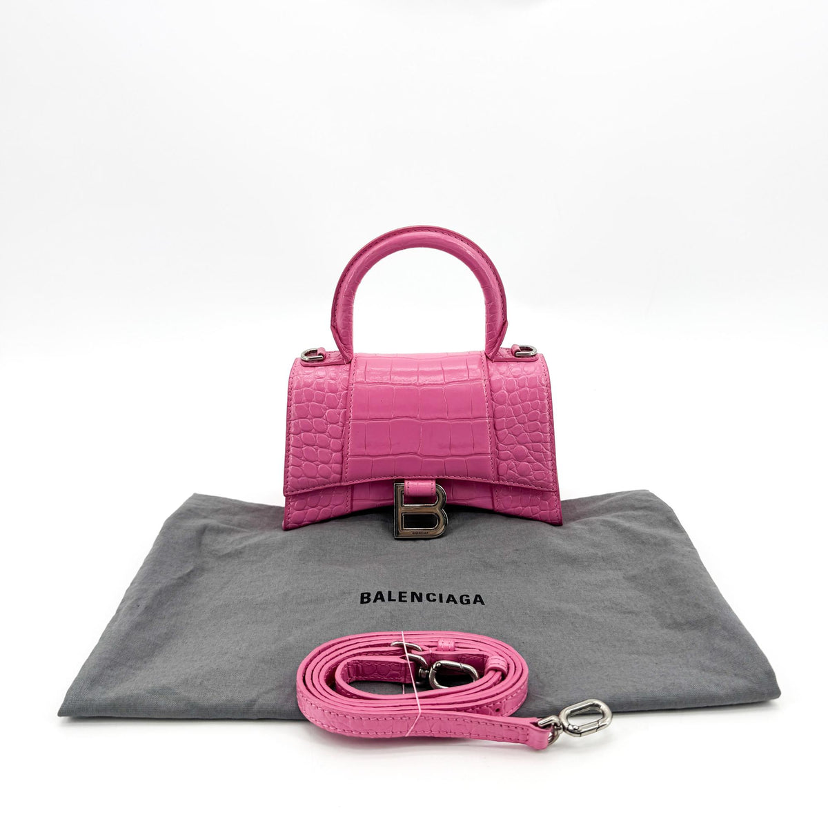 Balenciaga Hourglass Top Handle Crocodile Embossed Leather, Pink, Leather, Handbag