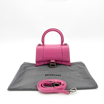 Balenciaga Hourglass Top Handle Crocodile Embossed Leather, Pink, Leather, Handbag
