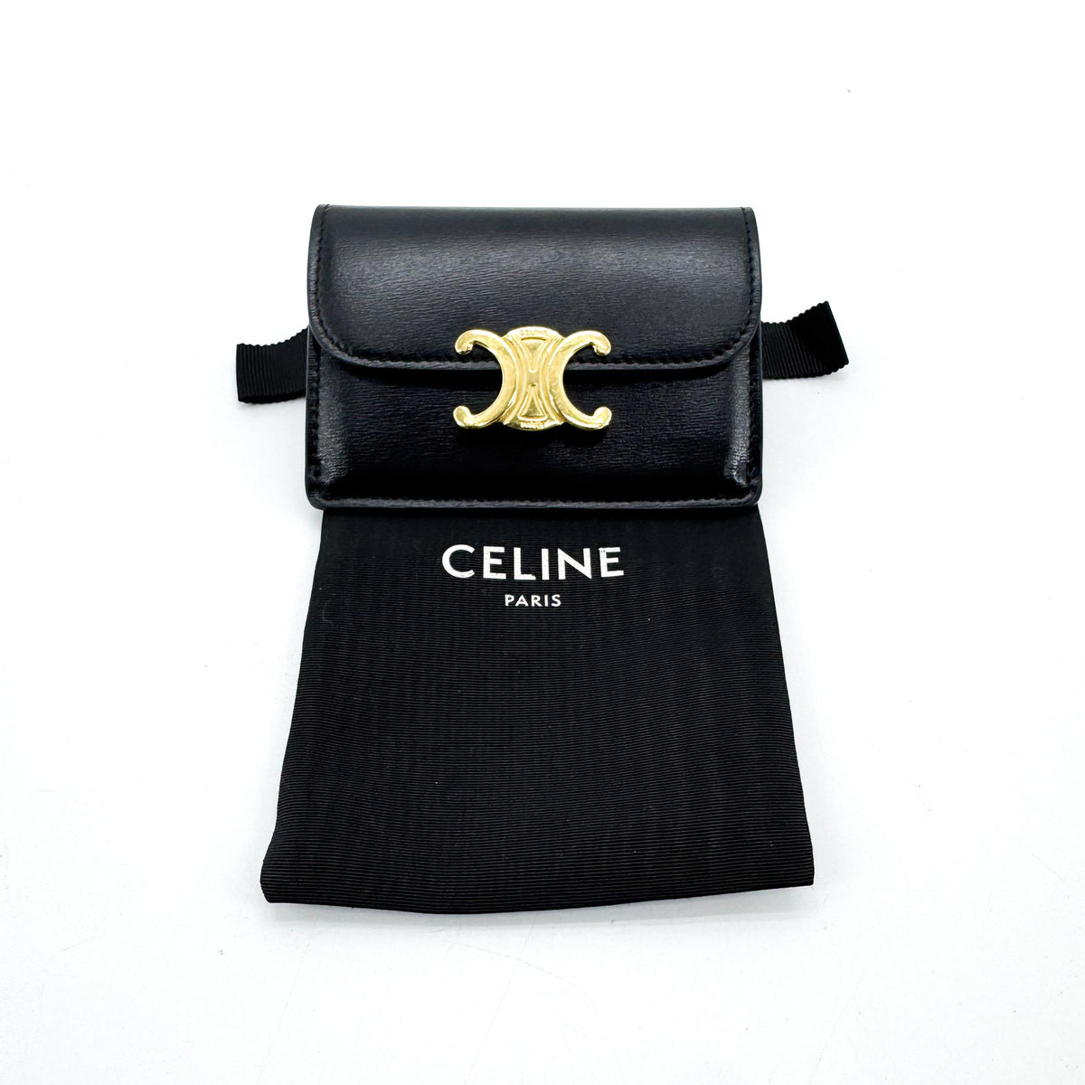 Celine Triomphe Card Case Leather, Black, Leather, Card Holder