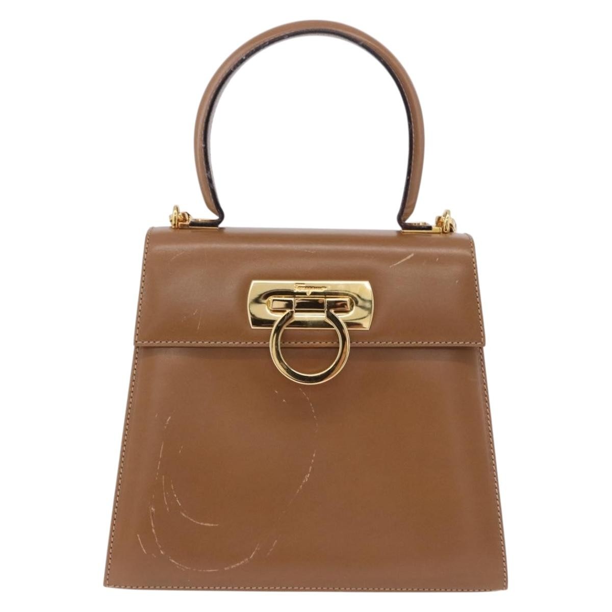Salvatore Ferragamo Gancini Convertible Top Handle Leather, Brown, Leather, Handbag