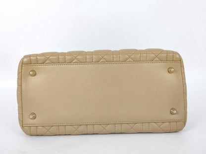 Christian Dior Lady Dior Cannage Quilt Lambskin, Beige, Leather, Handbag
