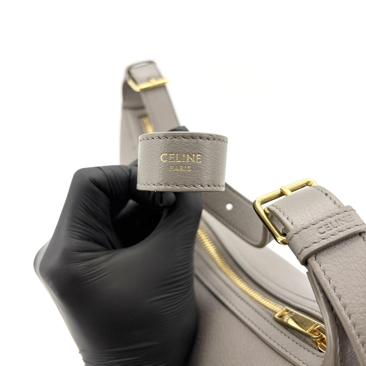 Celine Heloise Triomphe Embossed Leather, Gray, Leather, Shoulder Bag