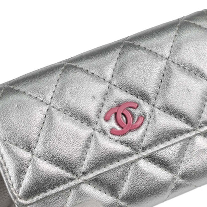 Chanel CC Flap Card Case Quilted Lambskin, Silver, Leather, Card Holder