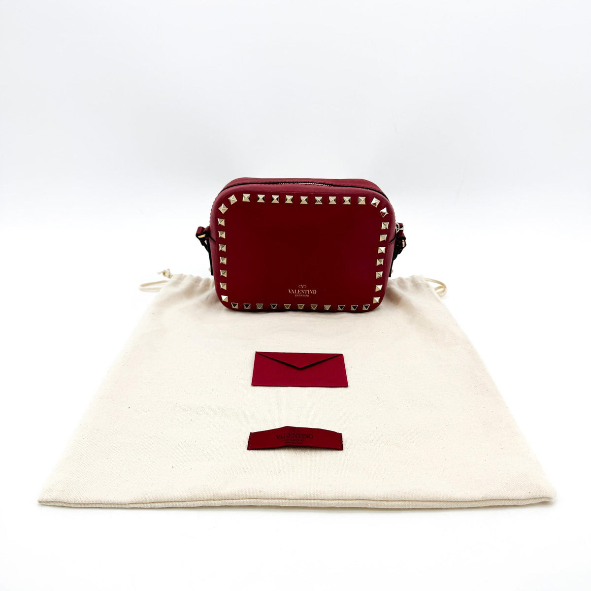 Valentino Garavani Rockstud Camera Leather, Red, Leather, Crossbody Bag