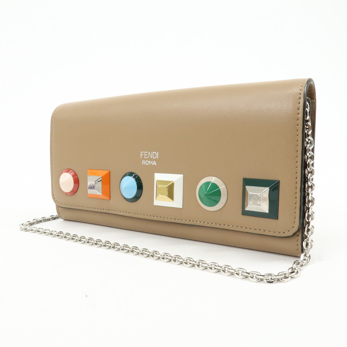 Fendi Continental Wallet on Chain Studded Leather, Beige, Leather, Crossbody Bag
