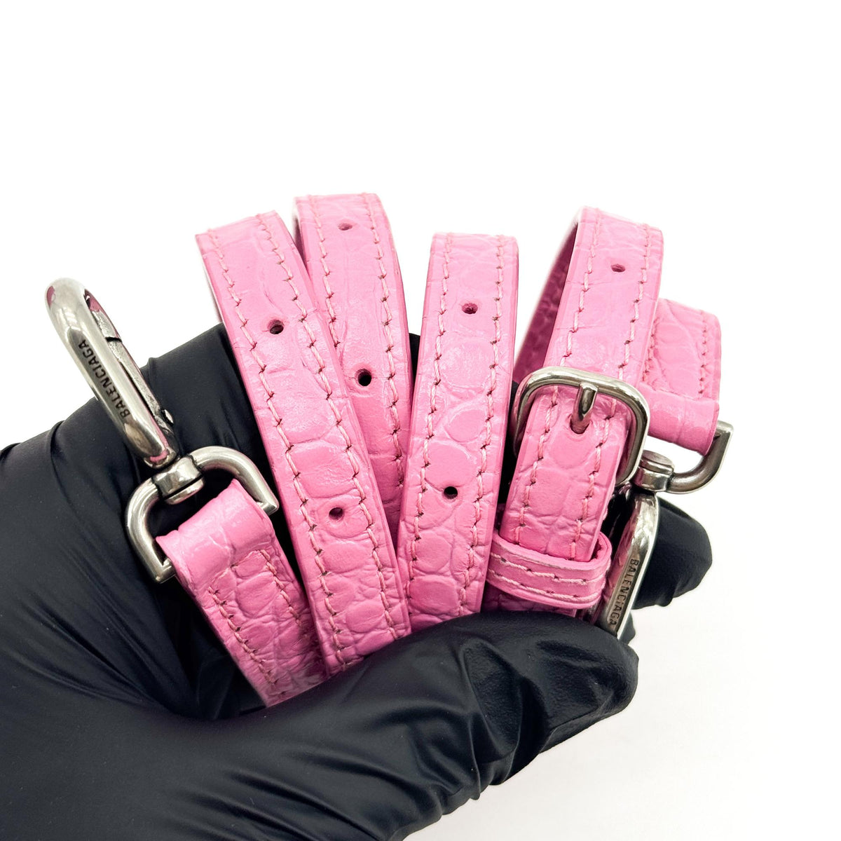 Balenciaga Hourglass Top Handle Crocodile Embossed Leather, Pink, Leather, Handbag