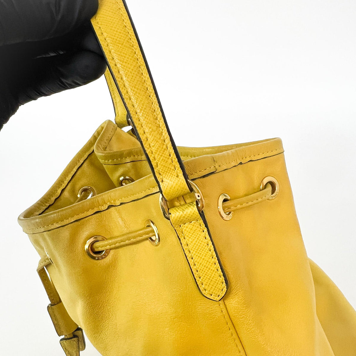 Prada Duet Drawstring Bucket Leather, Yellow, Leather, Handbag