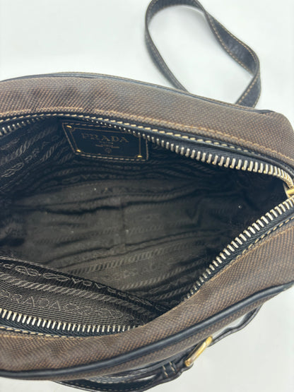 Prada Mini Zip Crossbody Bag Canvas and Leather, Brown, Canvas, Backpack