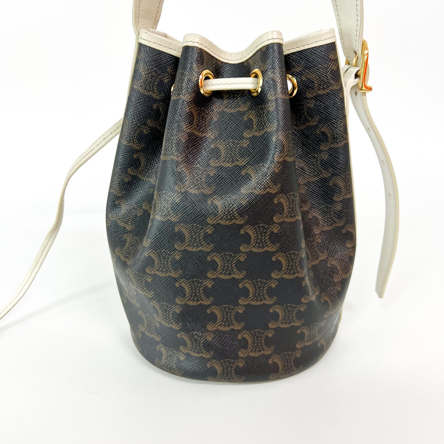 Celine Triomphe Drawstring Bucket Bag Leather, Brown, Canvas, Handbag