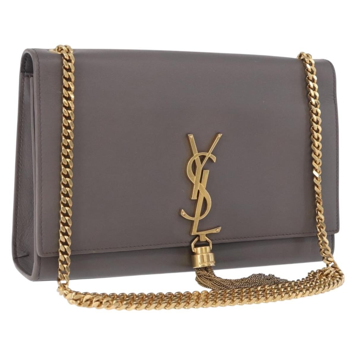 Saint Laurent Classic Monogram Tassel Leather, Gray, Leather, Shoulder Bag