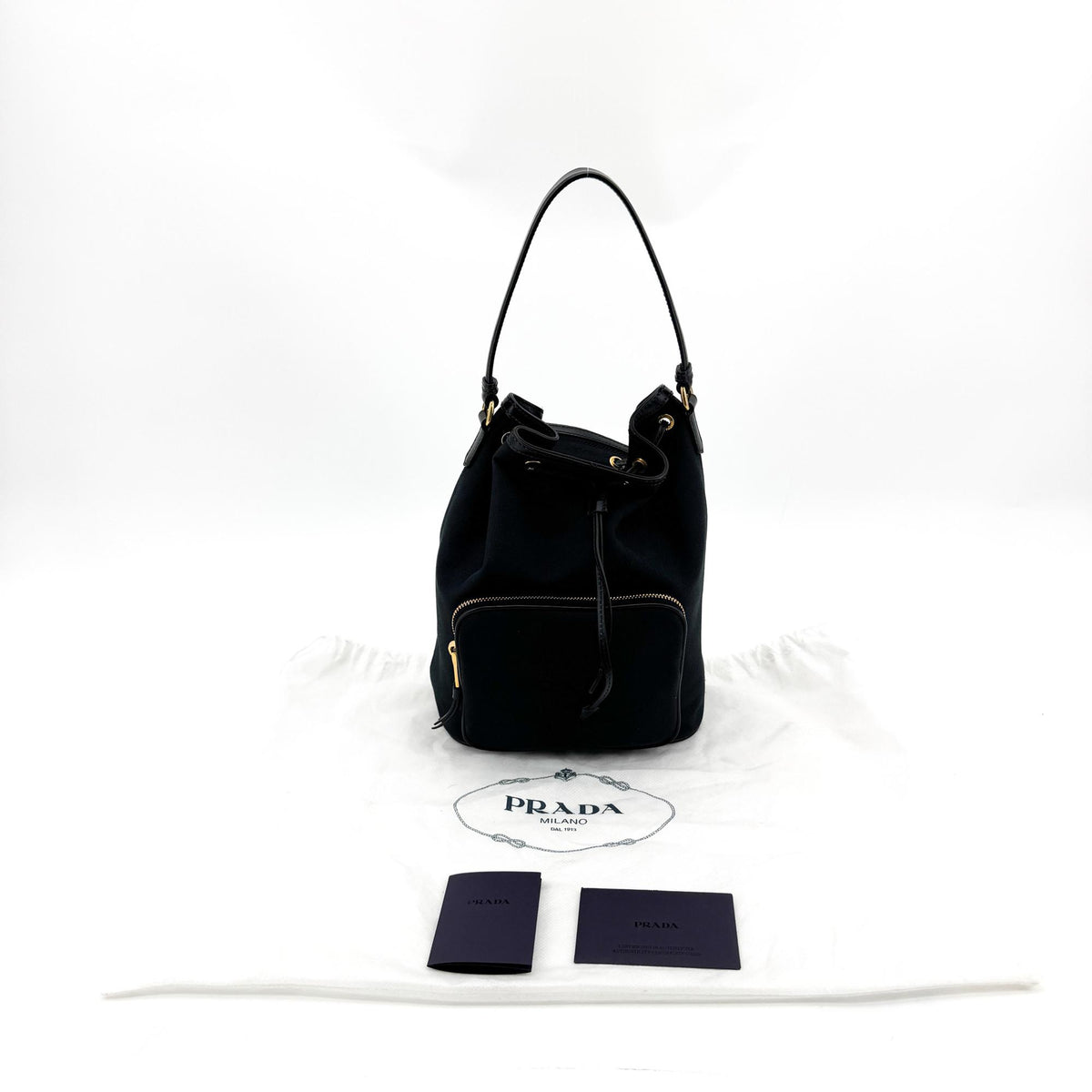 Prada Duet Drawstring Bucket Tessuto, Black, Canvas, Handbag