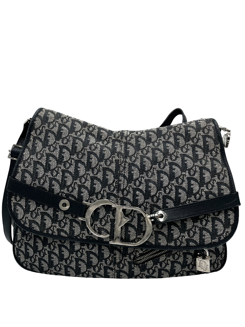 Christian Dior Vintage CD Flap Messenger Bag Diorissimo Canvas, NAVY, CANVAS, Shoulder bag