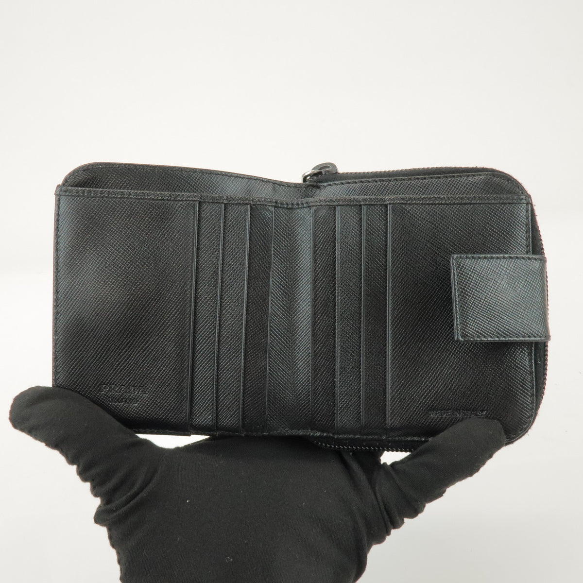 Prada Bifold Zip Around Saffiano Leather, Black, Leather, Wallet