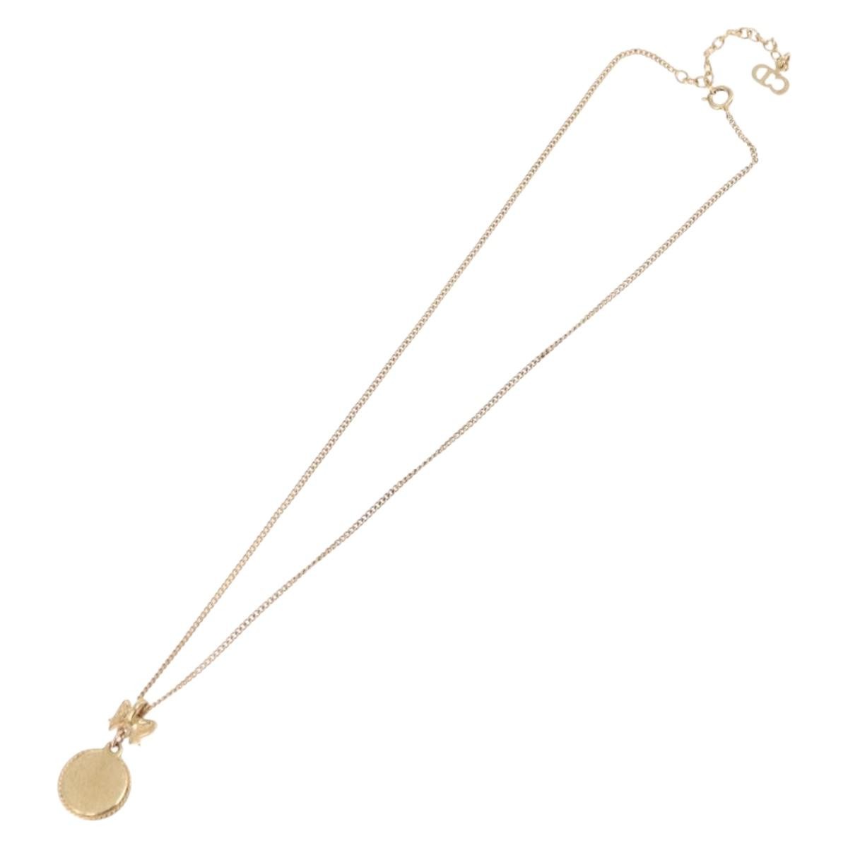 Christian Dior Round Logo Pendant Metal with Crystal, Gold, Metal, Necklace