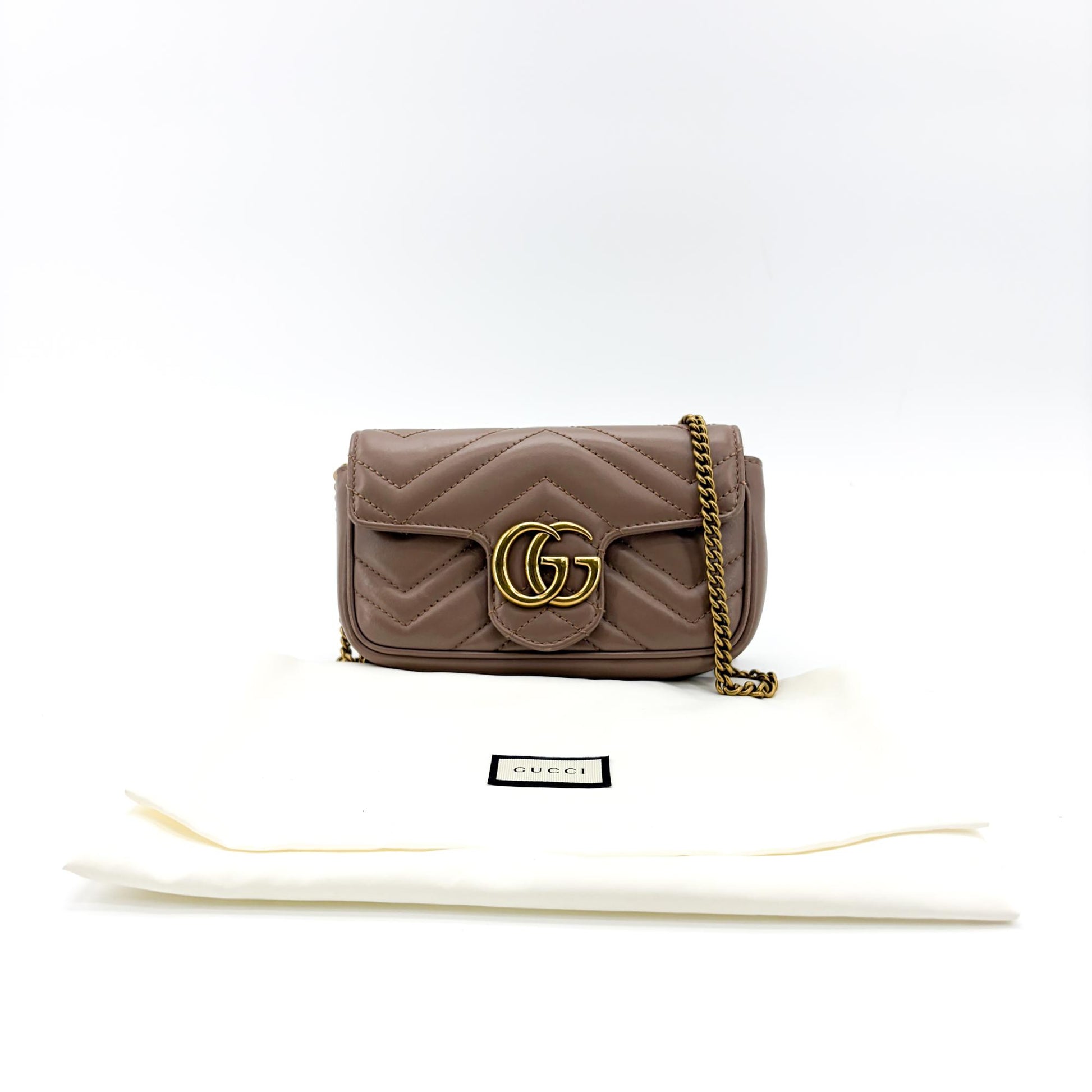 Gucci GG Marmont Flap Chevron Leather, Beige, Leather, Shoulder Bag